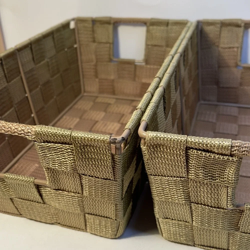 Storage bin set Nesting green canvas strap metal frame basket set